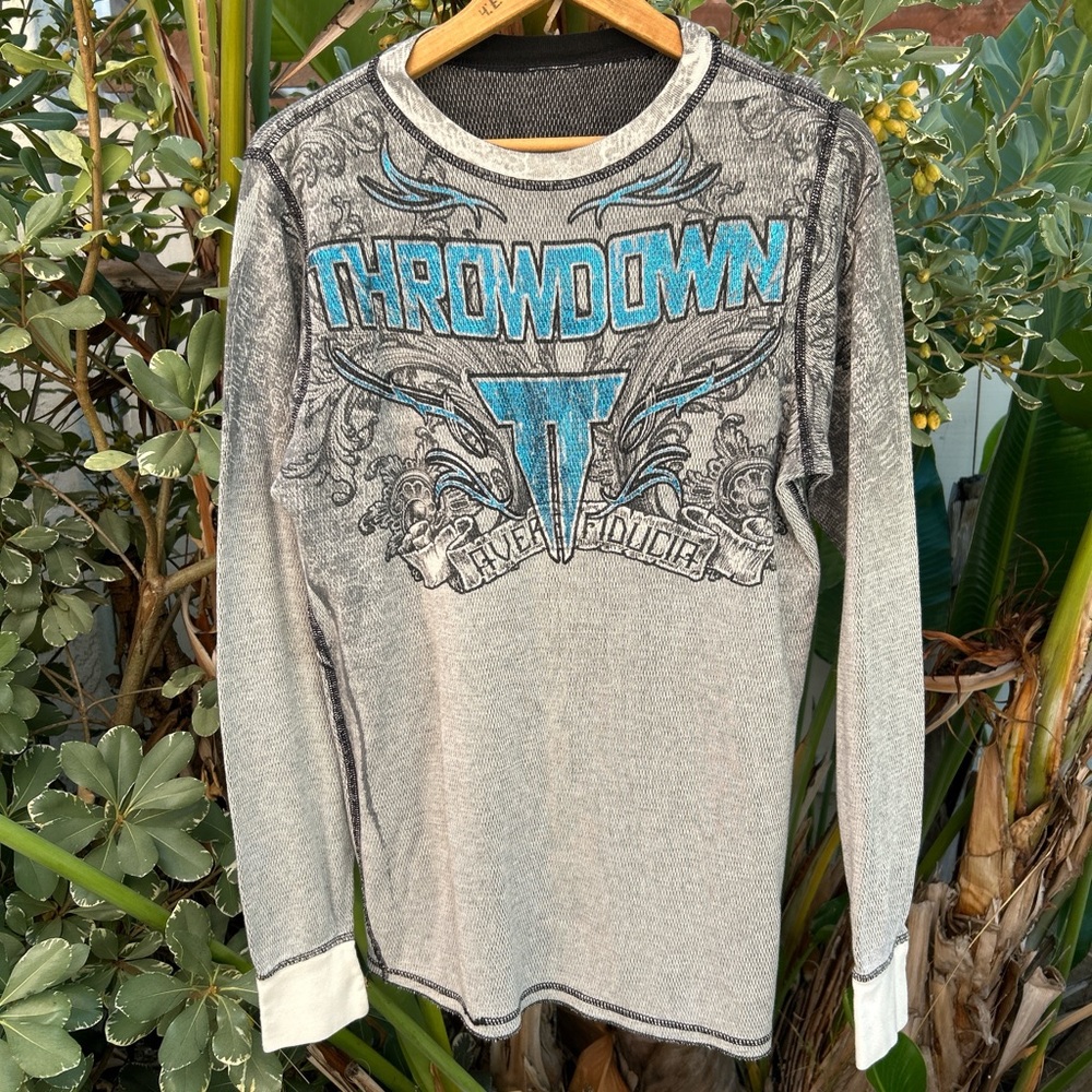 Vintage 2000s Throwdown Thermal Long Sleeve Shirt Gray Blue Graphic Men’s M